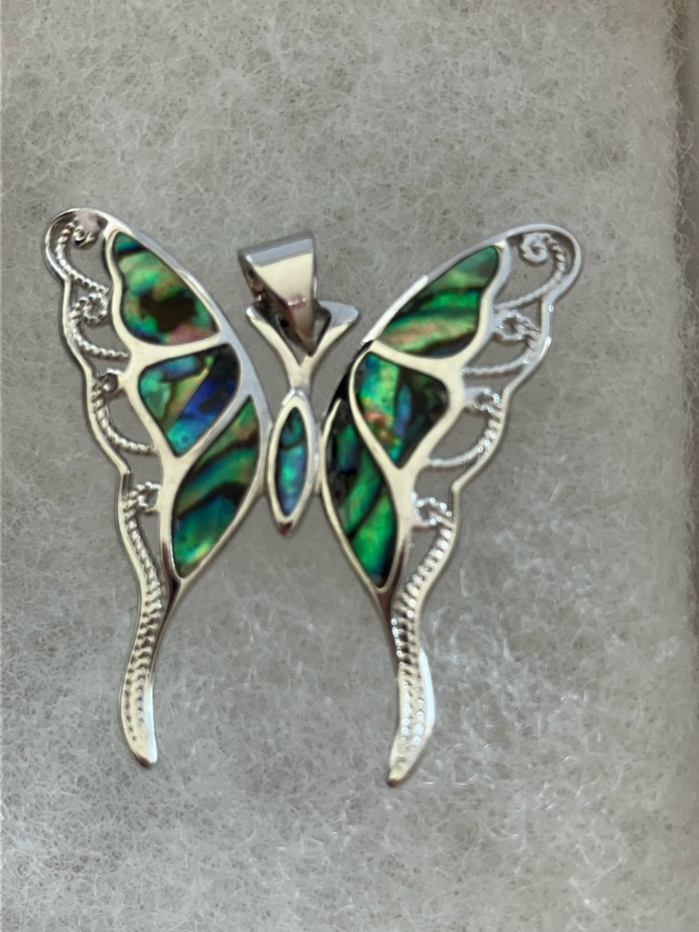 Sterling Silver Butterfly Pendant with Green Abalone Inlay